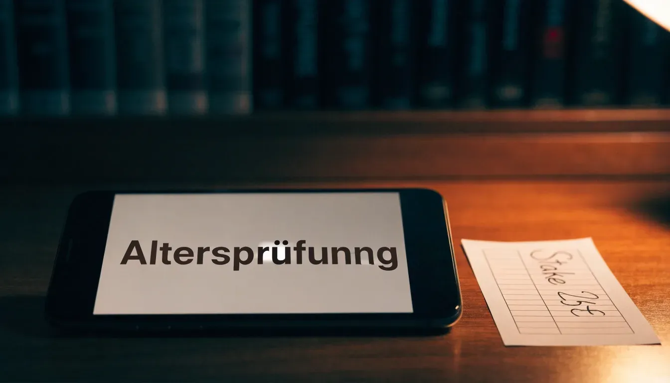 Eine kleine Messingwaage steht auf einem dunklen Holztisch vor einem Bücherregal, warmes Lampenlicht, keine lesbaren Titel.