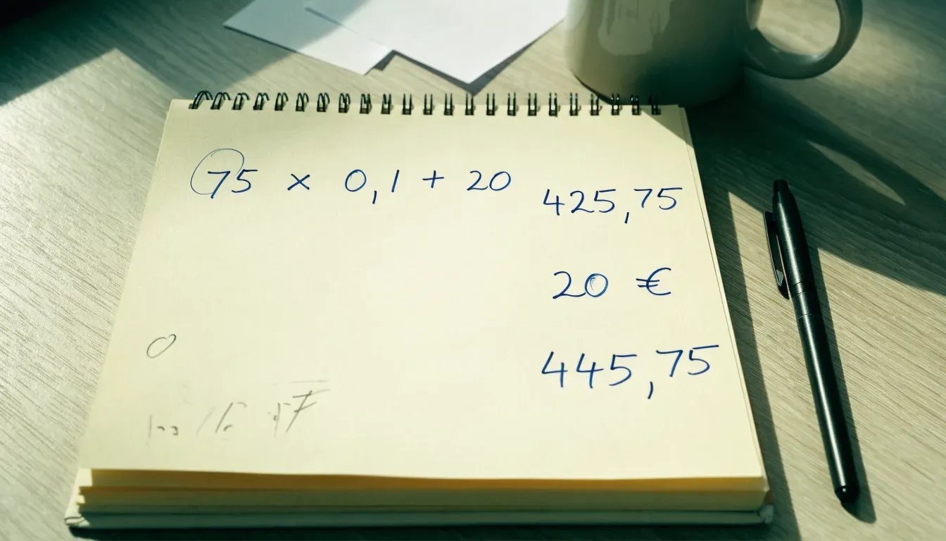 Ein Notizbuch mit handschriftlichen Zahlenreihen liegt neben einem Taschenrechner auf einem hellen Tisch, Tageslicht fällt von der Seite.