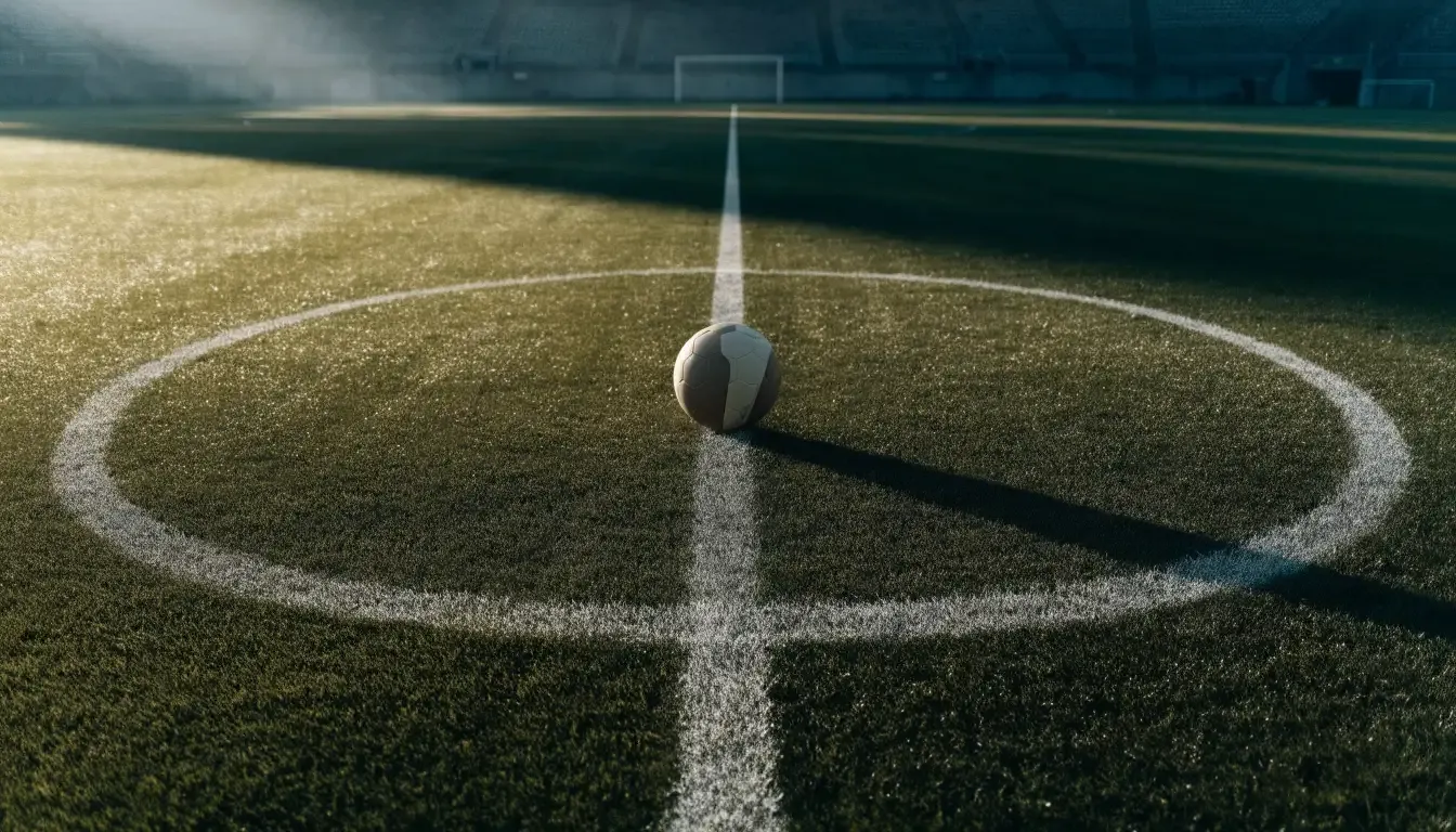 Ein Fußball auf dem Mittelpunkt eines Rasenplatzes, früher Morgen, Tau auf dem Gras, im Hintergrund leere Tribünen.