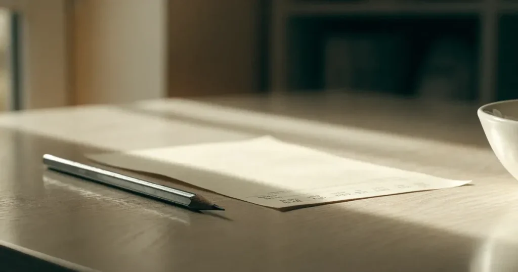 Ein blanker Wettschein aus Papier liegt neben einem Bleistift auf einem hellen Holztisch, daneben eine kleine Schale, ohne erkennbare Schrift.