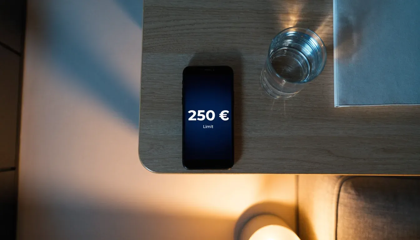 Ein Smartphone liegt mit dem Display nach unten auf einem Holztisch neben einem Glas Wasser, ruhige Abendstimmung in einem Wohnzimmer.