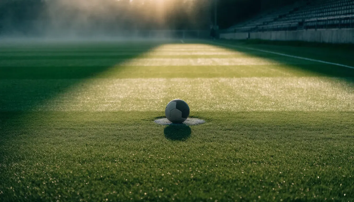 Ein Fußball auf dem Mittelpunkt eines Rasenplatzes, früher Morgen, Tau auf dem Gras, im Hintergrund leere Tribünen.