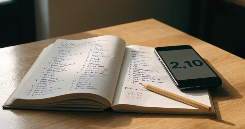 Ein Notizbuch mit handschriftlichen Stichpunkten und kleinen Skizzen liegt neben einem Bleistift auf einem hellen Tisch, Tageslicht von der Seite.