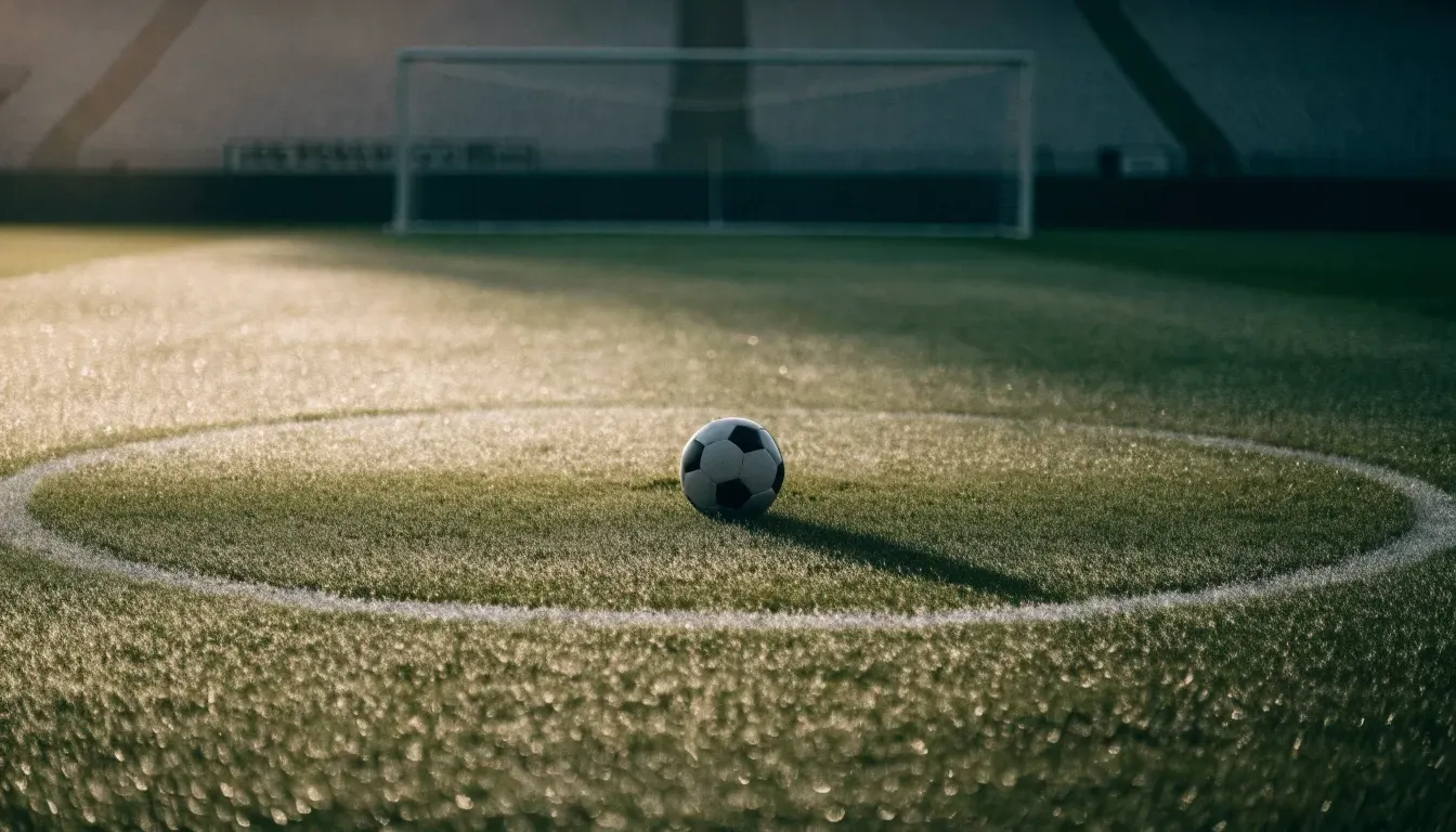 Ein Fußball auf dem Mittelpunkt eines Rasenplatzes, früher Morgen, Tau auf dem Gras, im Hintergrund leere Tribünen.