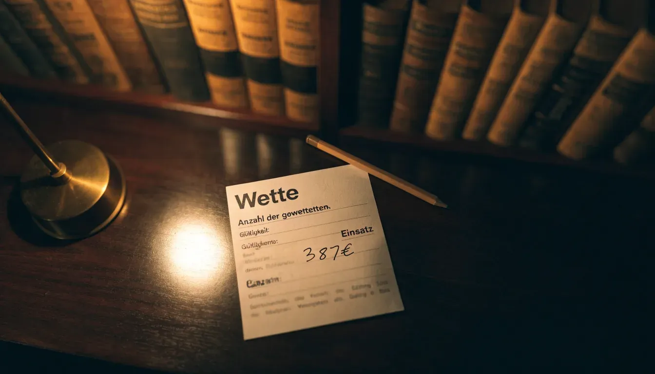 Eine kleine Messingwaage steht auf einem dunklen Holztisch vor einem Bücherregal, warmes Lampenlicht, keine lesbaren Titel.