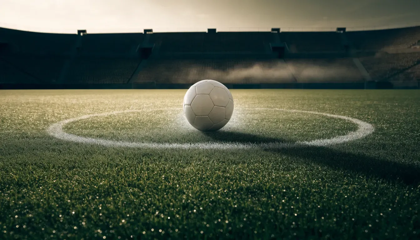 Ein Fußball auf dem Mittelpunkt eines Rasenplatzes, früher Morgen, Tau auf dem Gras, im Hintergrund leere Tribünen.