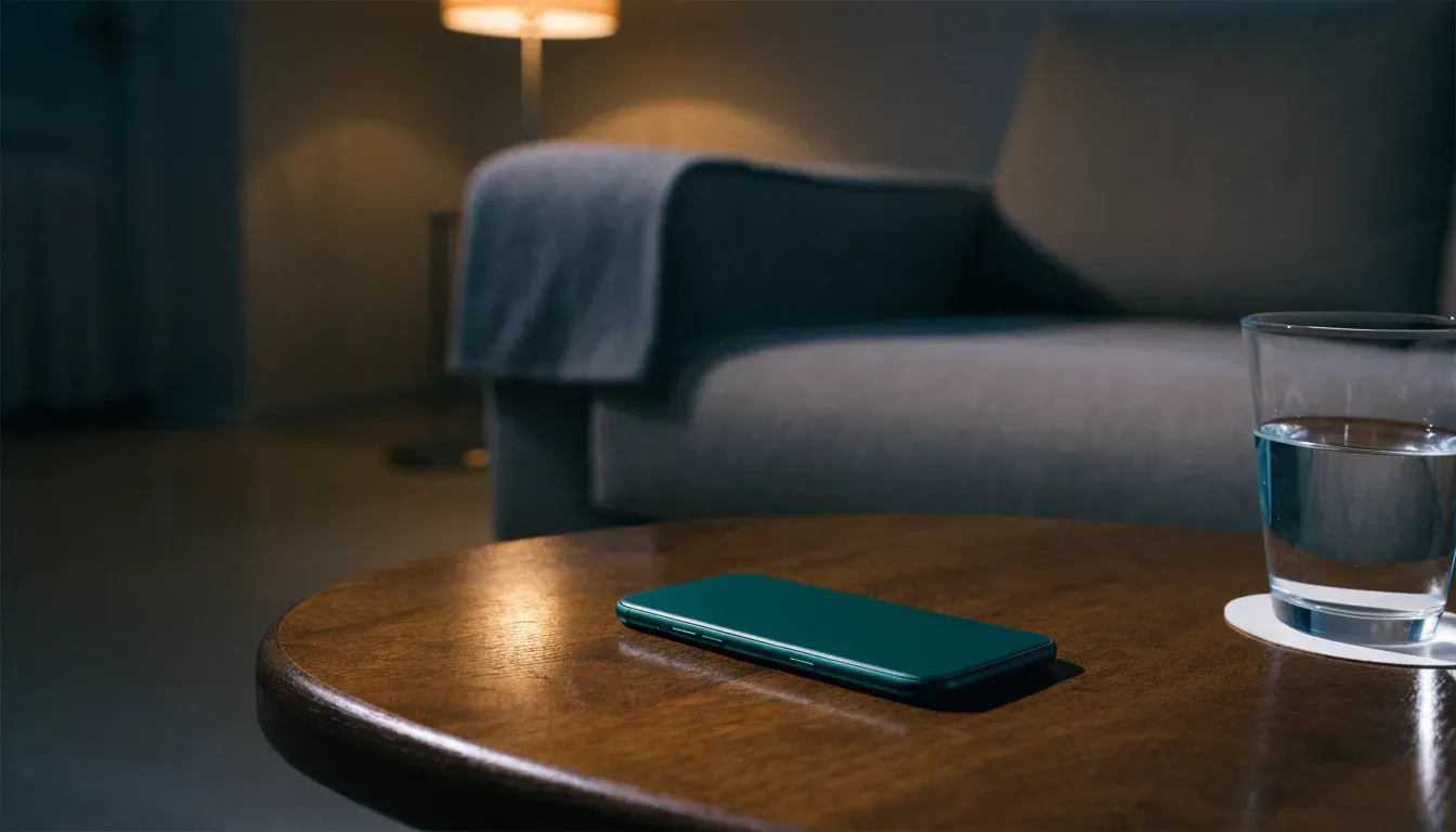 Ein Smartphone liegt mit dem Display nach unten auf einem Holztisch neben einem Glas Wasser, ruhige Abendstimmung in einem Wohnzimmer.