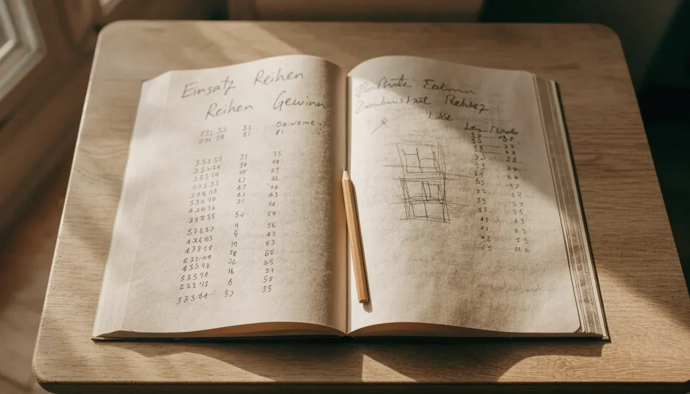 Ein aufgeschlagenes Notizbuch mit handschriftlichen Notizen und einfachen Skizzen liegt neben einem Bleistift auf einem hellen Holztisch.