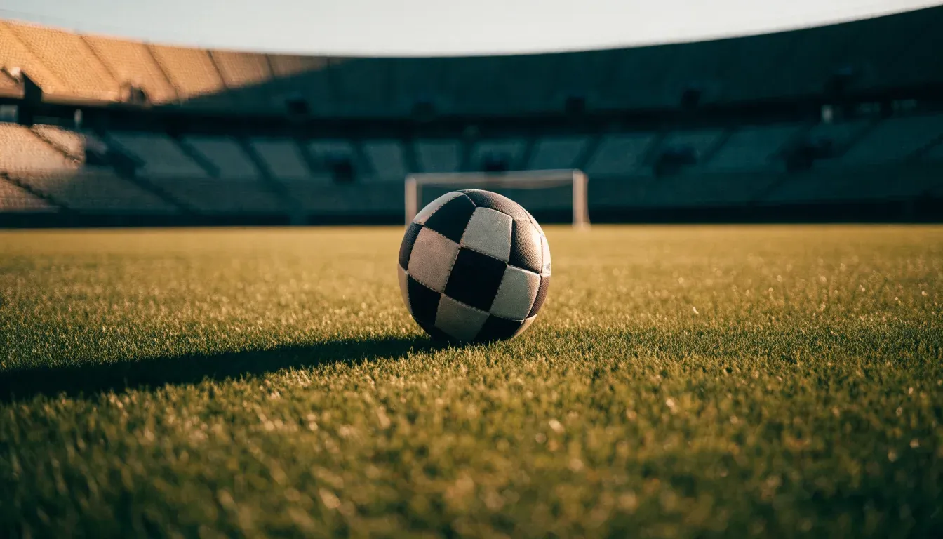 Ein Fußball liegt in der Mitte eines Rasens im Licht der tief stehenden Sonne, dahinter leere Sitzreihen.