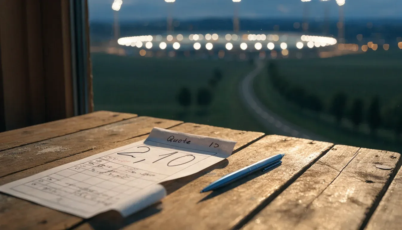 Ein Stadion unter Flutlicht aus der Ferne gesehen, davor eine dunkle Landschaft mit Feldern und einer Landstraße.