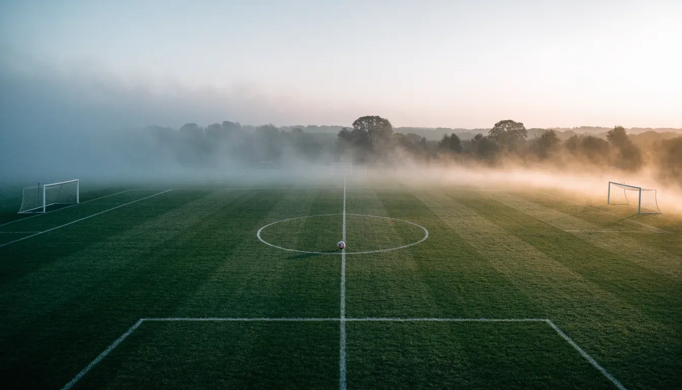Ein Fußballfeld im Morgennebel aus erhöhter Position gesehen, Mittellinie und Tore sind sichtbar, keine Spieler auf dem Rasen.