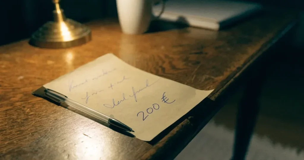 Ein leerer Wettschein aus Papier ohne Aufdruck liegt auf einem Holztisch neben einem Kugelschreiber im Licht einer Schreibtischlampe.