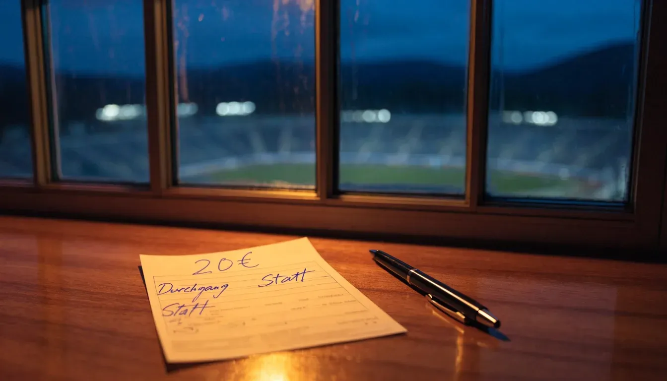 Ein Stadion unter Flutlicht aus großer Entfernung gesehen, darüber ein klarer Nachthimmel und davor dunkle Hügel.