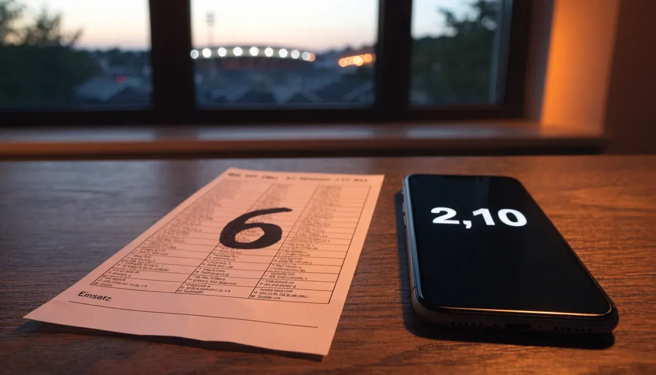 Ein Flutlichtstadion bei Dämmerung aus weiter Ferne gesehen, die Lichtmasten leuchten über Dächern und Bäumen.
