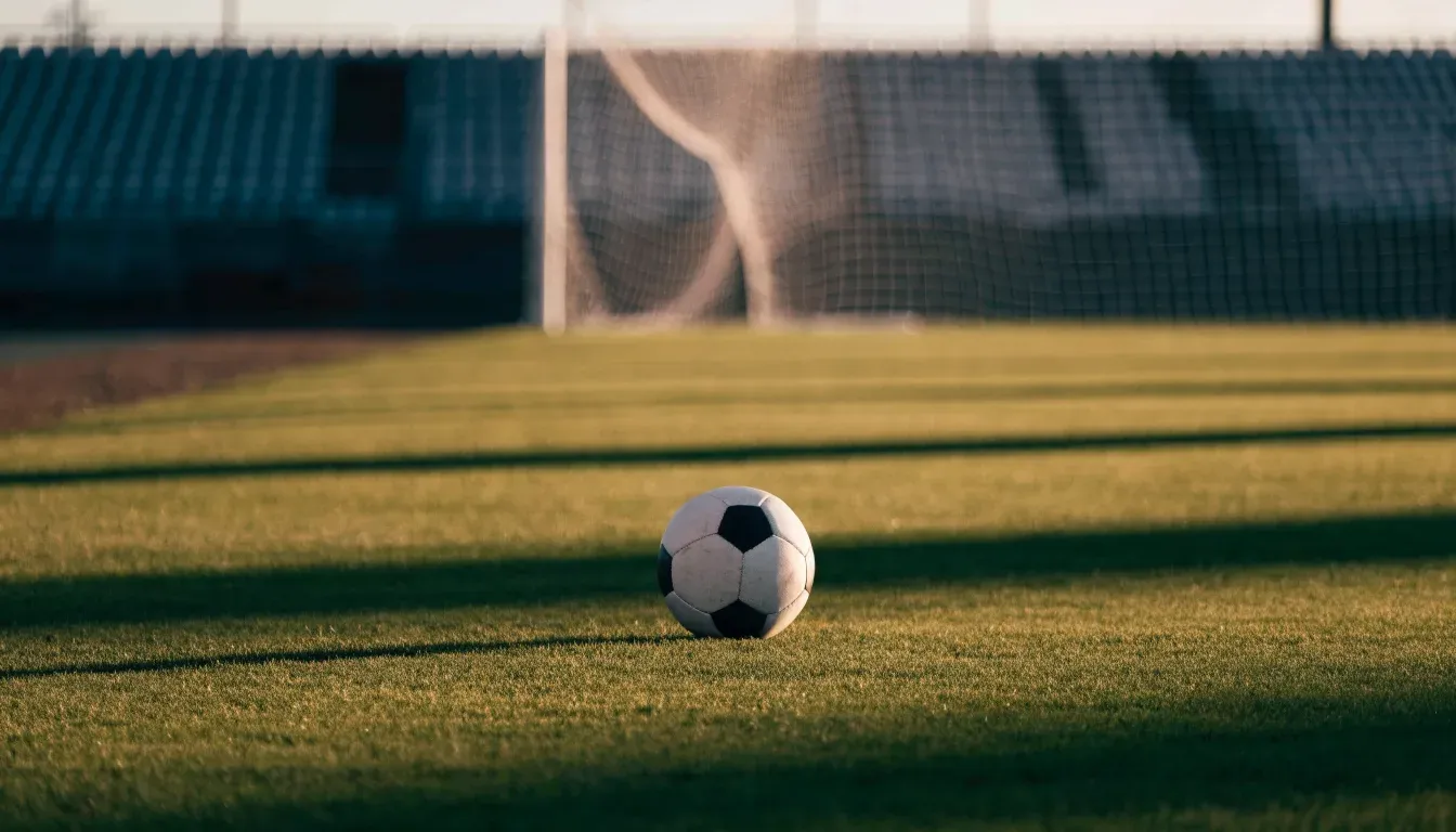 Ein Fußball liegt auf einem Rasenplatz im Morgenlicht, im Hintergrund eine ruhige Tribüne ohne Zuschauer.