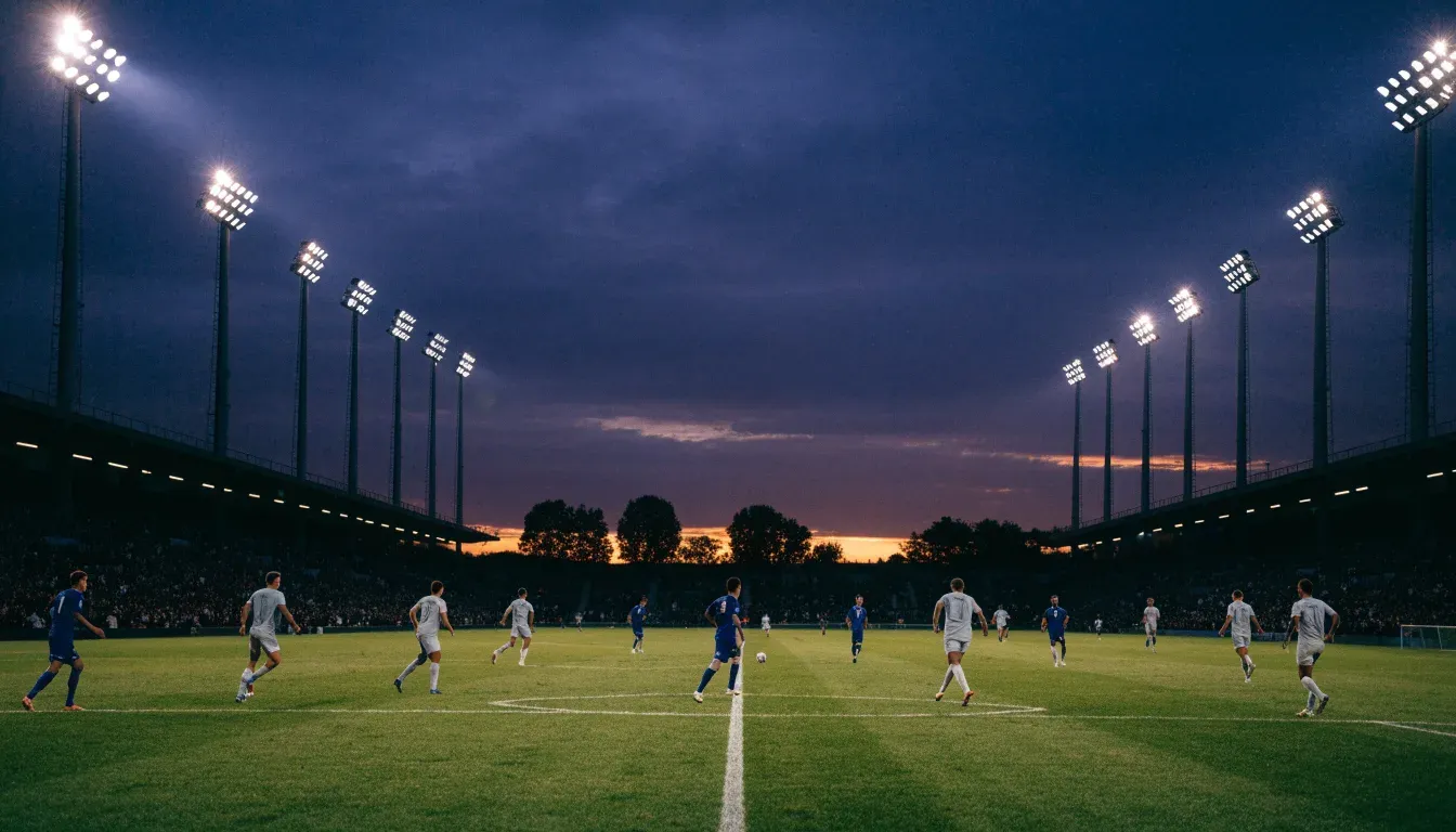 Ein Flutlichtstadion bei Dämmerung aus weiter Ferne gesehen, die Lichtmasten leuchten über Dächern und Bäumen.