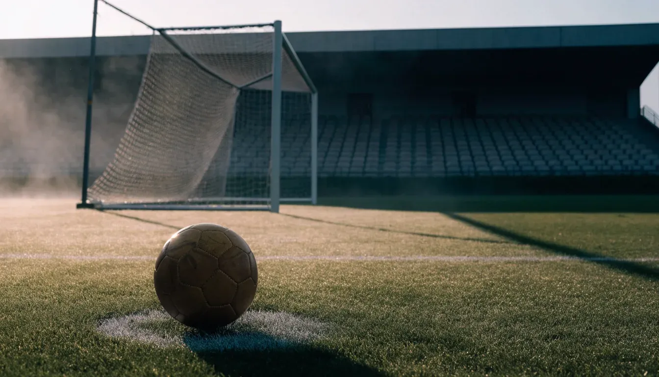 Ein Fußball liegt auf dem Elfmeterpunkt eines leeren Rasenplatzes im Morgenlicht, dahinter eine ruhige Tribüne ohne Zuschauer.