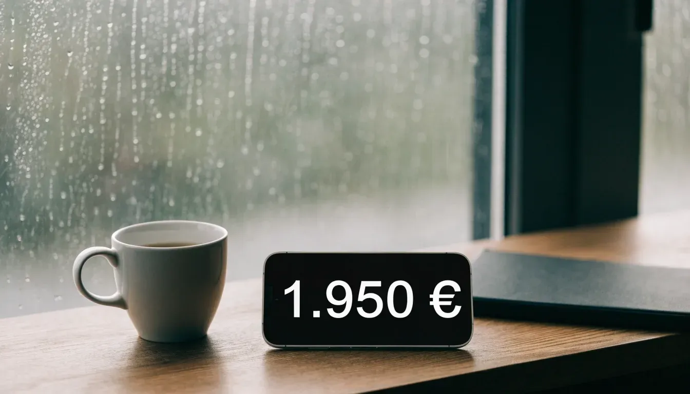 Ein Smartphone mit dunklem Display liegt neben einer Kaffeetasse auf einem Holztisch am Fenster, draußen fällt Regen.