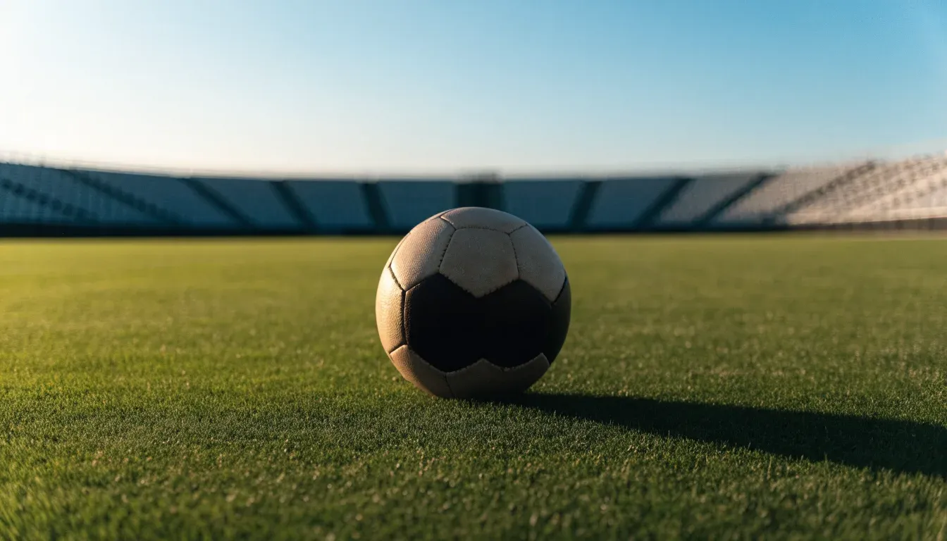 Ein Fußball liegt auf einem Rasen im Licht der tief stehenden Sonne, dahinter leere Sitzreihen.