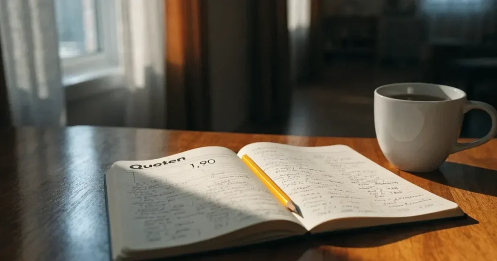 Ein Notizbuch mit handschriftlichen Notizen liegt neben einem Bleistift und einer Tasse Tee auf einem Schreibtisch am Fenster.