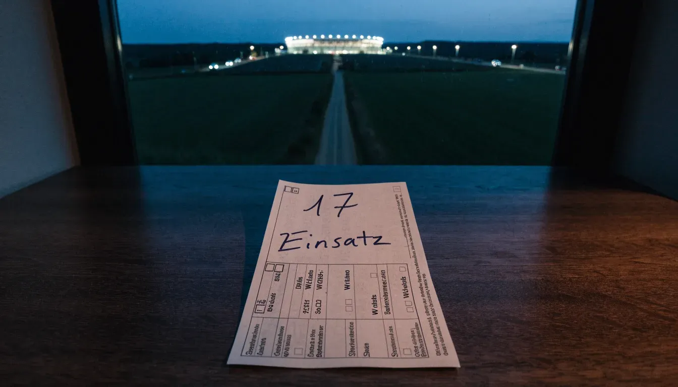 Ein Stadion unter Flutlicht aus der Ferne gesehen, davor eine dunkle Landschaft mit Feldern und einer Landstraße.