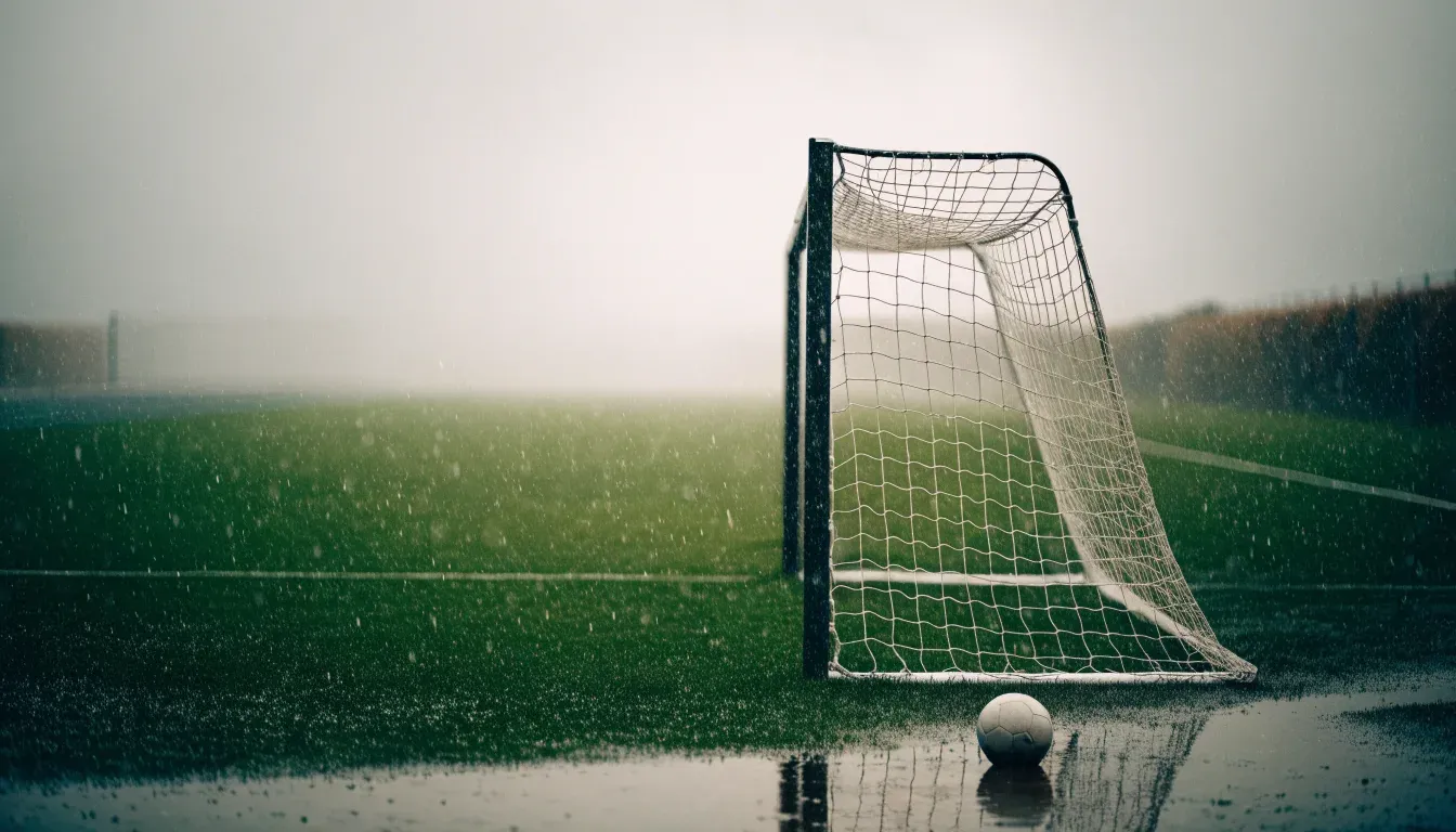 Ein Fußballtor mit Netz auf einem Trainingsplatz bei Regen, Pfützen stehen auf dem Rasen, niemand ist zu sehen.