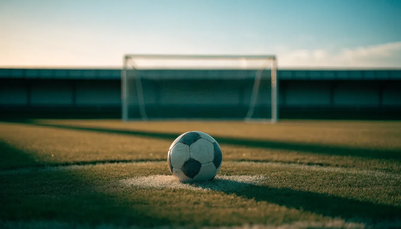 Ein Fußball liegt auf dem Elfmeterpunkt eines leeren Rasenplatzes im Abendlicht, dahinter eine ruhige Tribüne ohne Zuschauer.