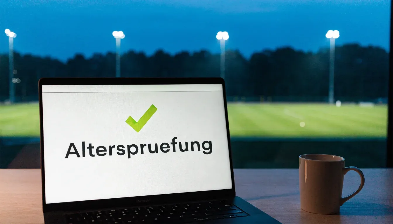 Ein Flutlichtstadion bei Dämmerung aus weiter Ferne gesehen, die Lichtmasten leuchten über Dächern und Bäumen.