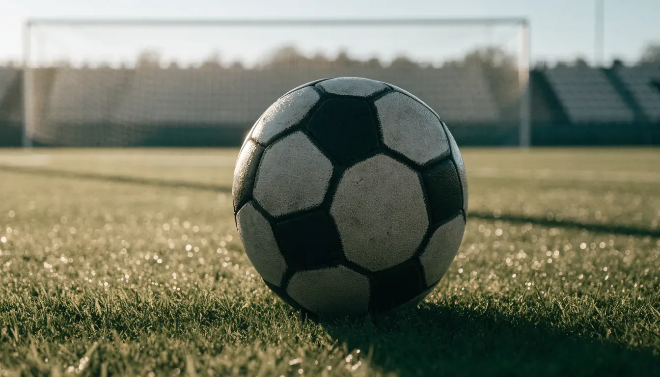 Ein Fußball liegt auf einem Rasenplatz im Morgenlicht, dahinter eine ruhige Tribüne ohne Zuschauer.
