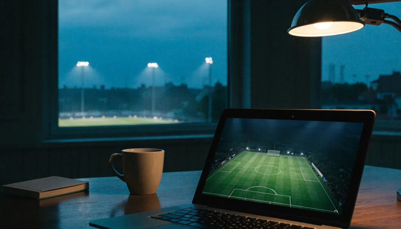 Ein Flutlichtstadion bei Dämmerung aus weiter Ferne gesehen, die Lichtmasten leuchten über Dächern und Bäumen.