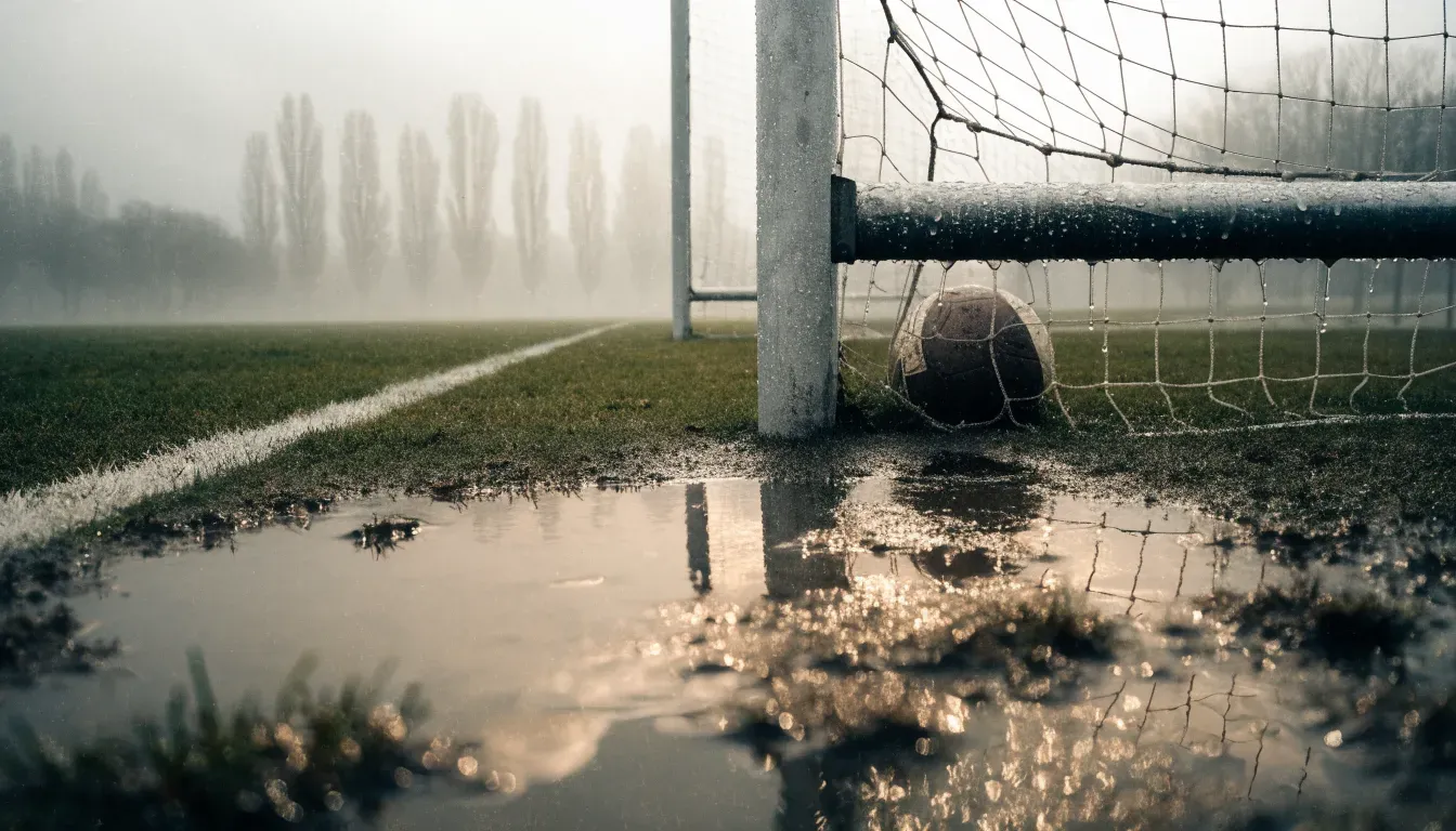 Ein Fußballtor mit Netz auf einem Trainingsplatz bei Regen, Pfützen stehen auf dem Rasen, niemand ist zu sehen.